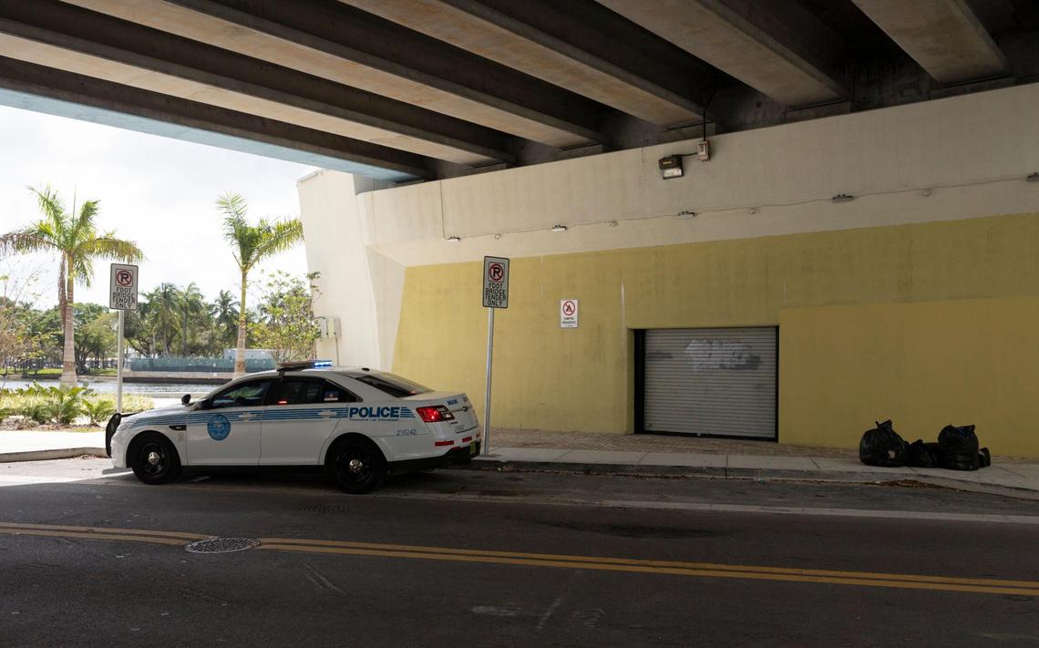The area under Flagler St. bridge sits cleared out after city of Miami Police tell the homeless to vacate the area on Thursday, Feb. 29, 2024. According to the group of homeless persons, the shelters in the area are full.