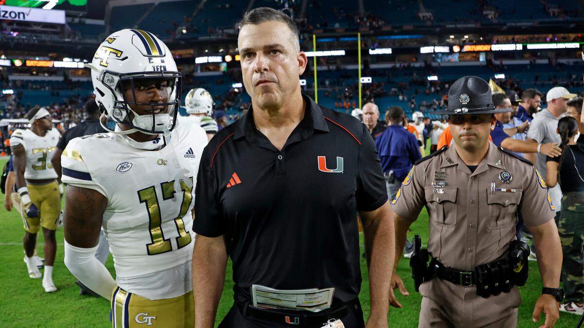Miami Hurricanes head coach Mario Cristobal walks off the field after Georgia Tech Yellow Jackets defeat the Canes in the final seconds of the game at Hard Rock Stadium in Miami Gardens on Saturday, October 7, 2023.