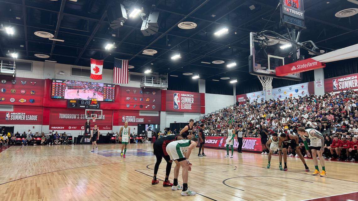 Miami Heat forward Nikola Jovic attempts a free throw during a Las Vegas Summer League game against the Boston Celtics on Saturday, July 8, 2023 at Cox Pavilion.