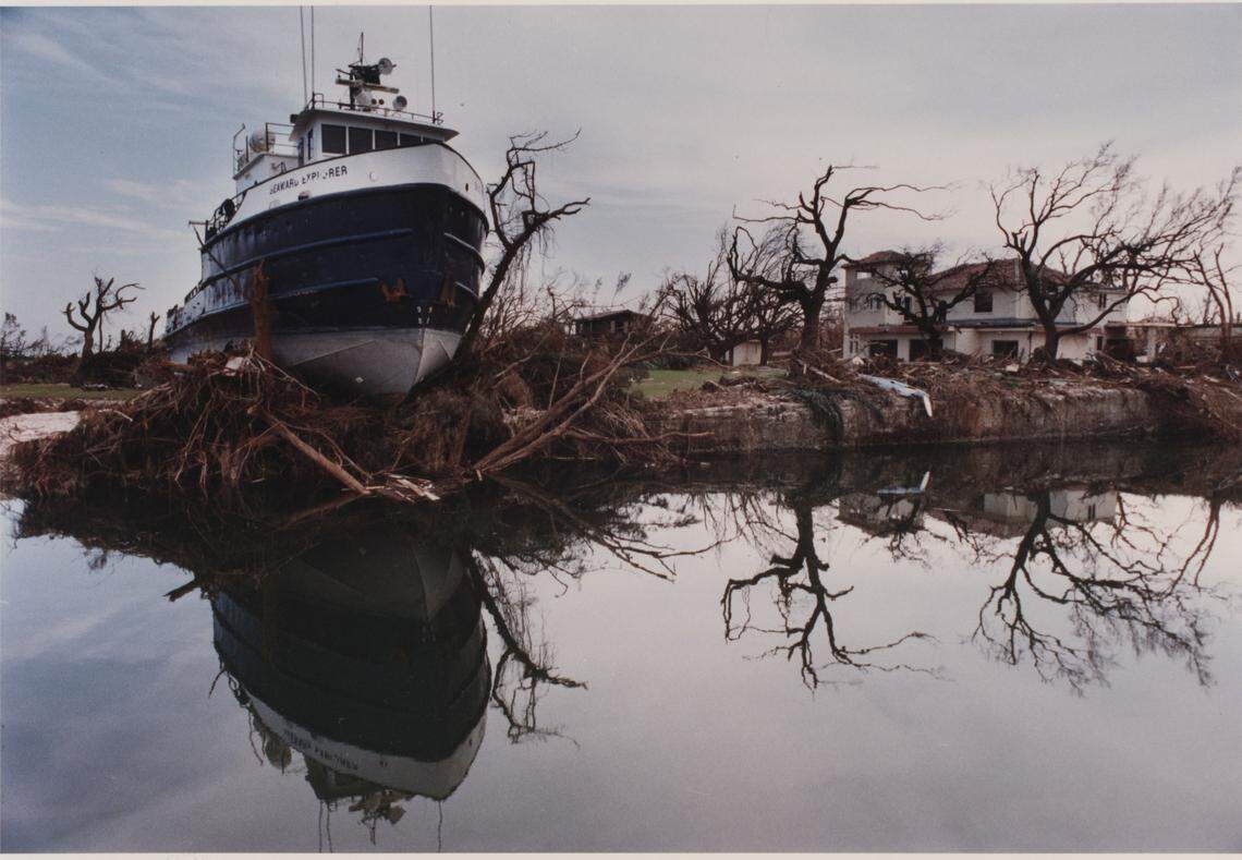 The Seaward Explorer, a 105-foot research vessel, rode Andrew’s 16.9-foot storm surge, coming to rest in the yard of an estate on Old Cutler. The ship would finally be refloated three months later.