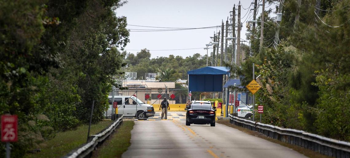 Entrance to the Krome Detention Center on 18201 SW 12th Street as protesters lined the side of the road on SW 177th Avenue to protest conditions.