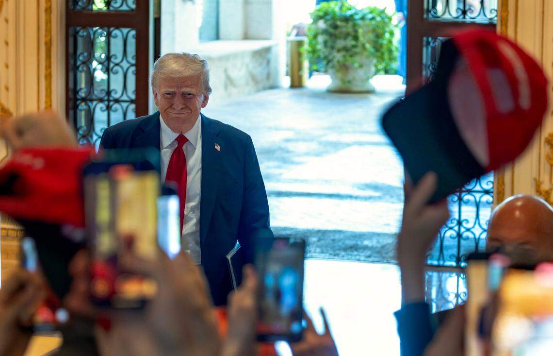 Donald Trump arrives before a news conference where he discussed his campaign status on Tuesday, Oct. 29, 2024, at his Mar-a-Lago estate in Palm Beach.