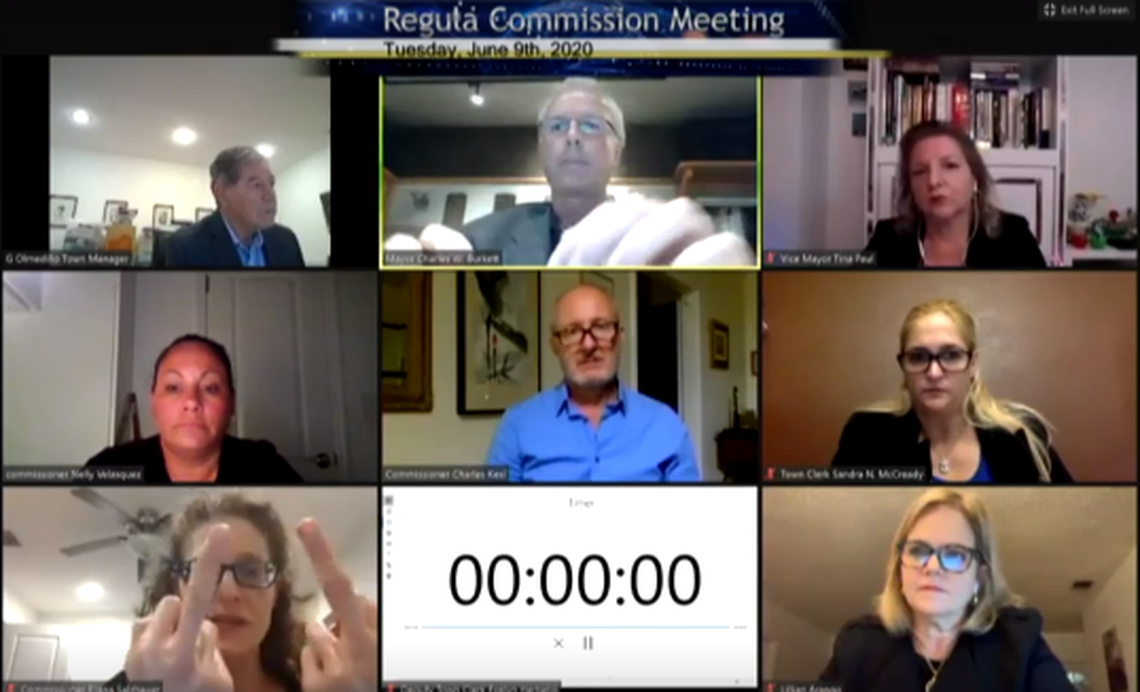 Surfside Commissioner Eliana Salzhauer gives the middle finger to Mayor Charles Burkett during a virtual meeting on June 9, 2020.