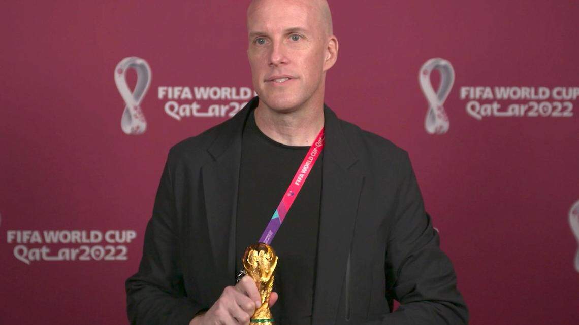 A screenshot taken from video provided by FIFA of journalist Grant Wahl at an awards ceremony in Doha, Qatar in November 2022. Wahl, one of the most well-known soccer writers in the United States, died early Saturday, Dec. 10, 2022, while covering the World Cup match between Argentina and the Netherlands.