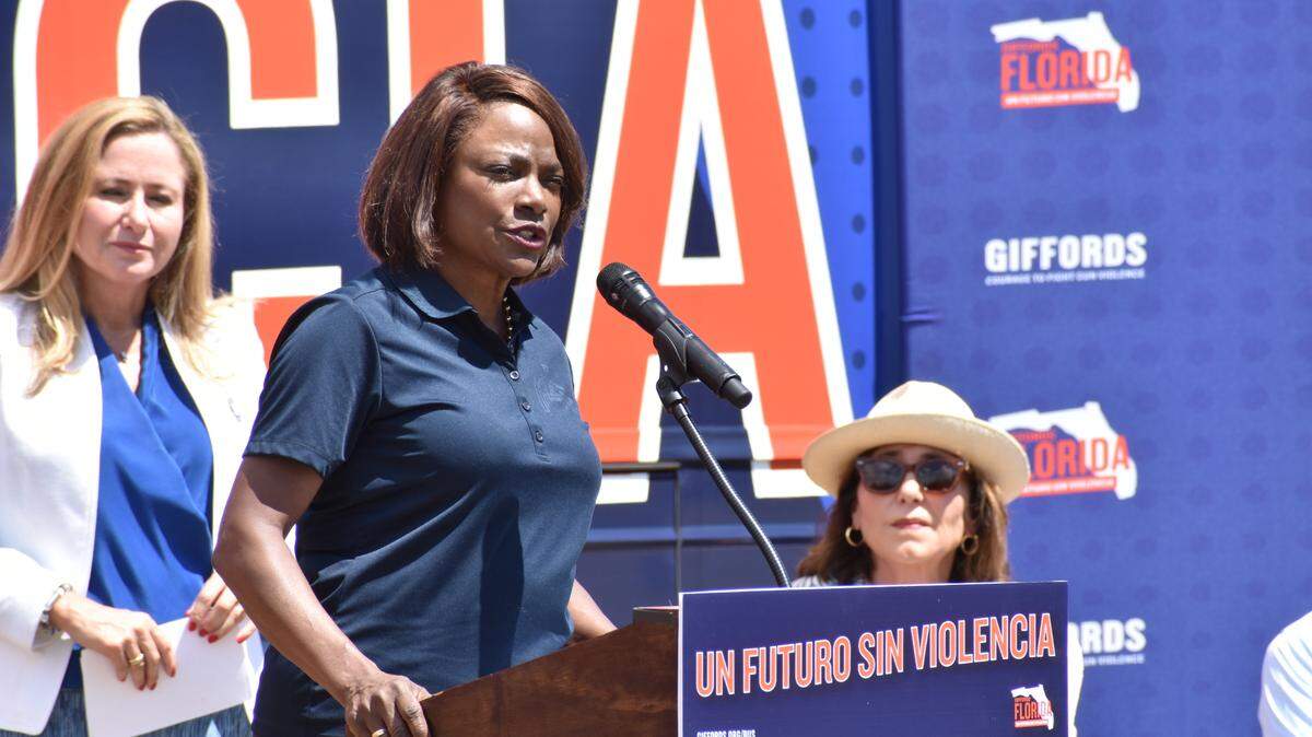 Val Demings, the former Orlando police chief and Democratic nominee hoping to unseat U.S. Sen. Marco Rubio, speaks at a Thursday, Sept. 8, 2022, press conference at Regatta Park, 3500 Pan American Drive. The Dinner Key park was the first stop in the Giffords Florida Bus Tour, which invites candidates and politicians to discuss gun violence prevention.