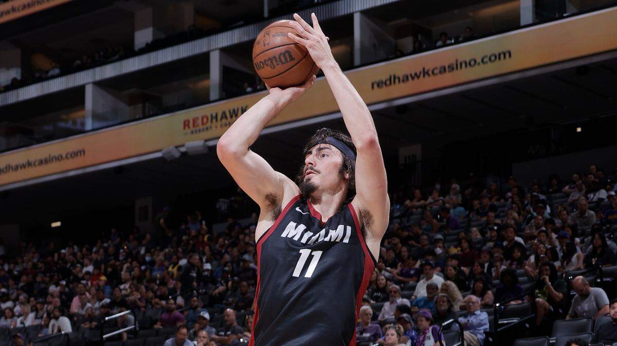 Jaime Jaquez Jr. #11 of the Miami Heat shoots the ball during the 2023 NBA California Classic against the Los Angeles Lakers on July 3, 2023 at Golden 1 Center in Sacramento, California.