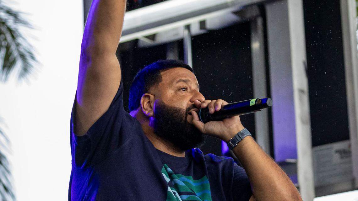 Sunrise, Florida, June 10, 2024 - Renowned musician and entrepreneur DJ Khaled performs before the start of Game 2 of the NHL Stanley Cup Final between the Florida Panthers and Edmonton Oilers at Amerant Bank Arena.