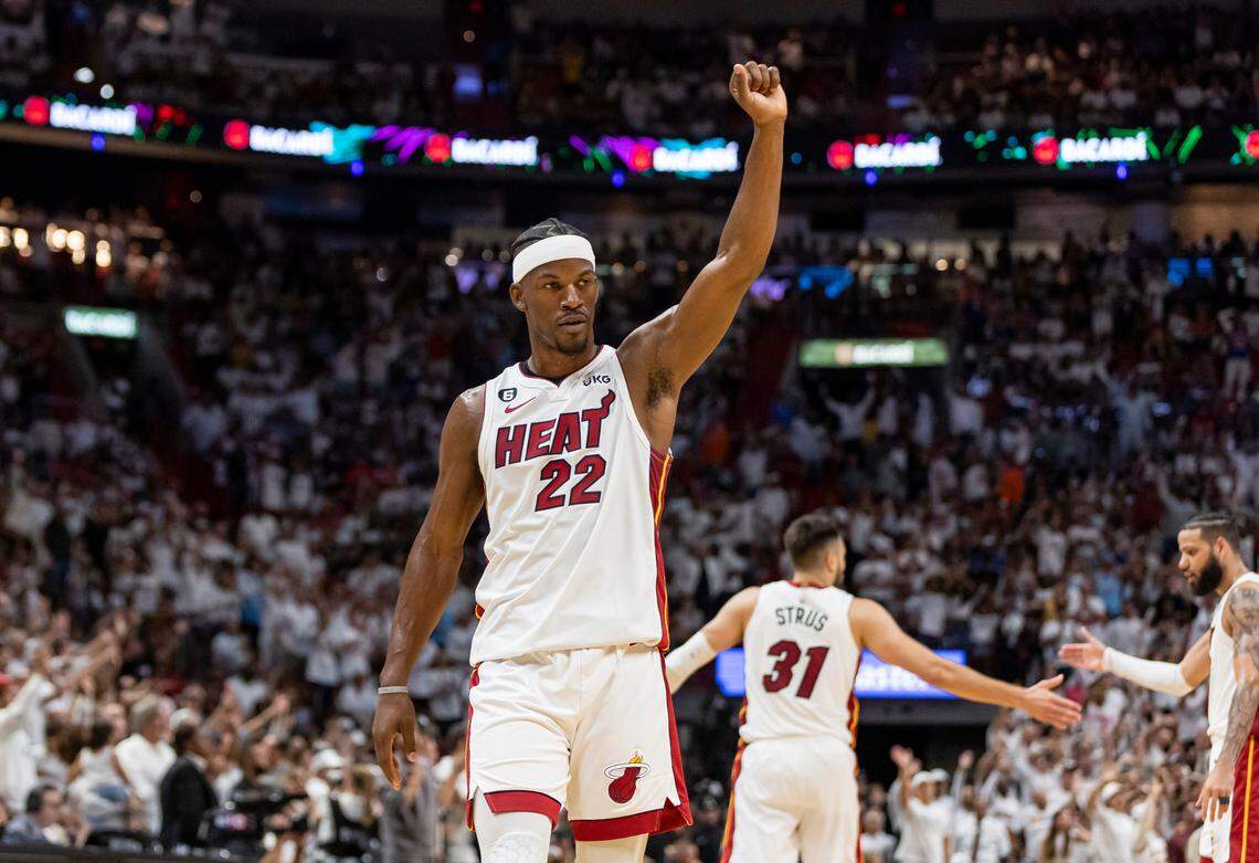 Miami Heat forward Jimmy Butler (22) reacts after his team scored against the New York Knicks in the fourth quarter of Game 4 of the NBA Eastern Conference Semifinals at the Kaseya Center in Miami on Monday, May 8, 2023.
