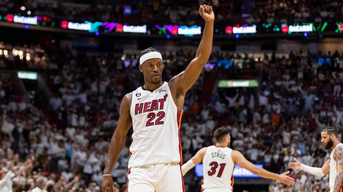 Miami Heat forward Jimmy Butler (22) reacts after his team scored against the New York Knicks in the fourth quarter of Game 4 of the NBA Eastern Conference Semifinals at the Kaseya Center in Miami on Monday, May 8, 2023.