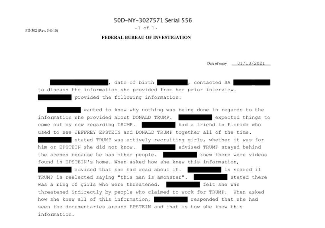 A tip sent to the FBI in 2021 mentions Epstein and Trump.