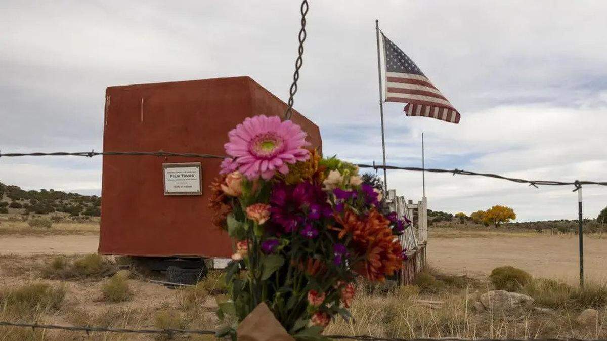 Flowers at the entrance to the film set of “Rust” after actor Alec Baldwin fatally shot a cinematographer and wounded a director when he discharged a prop gun.