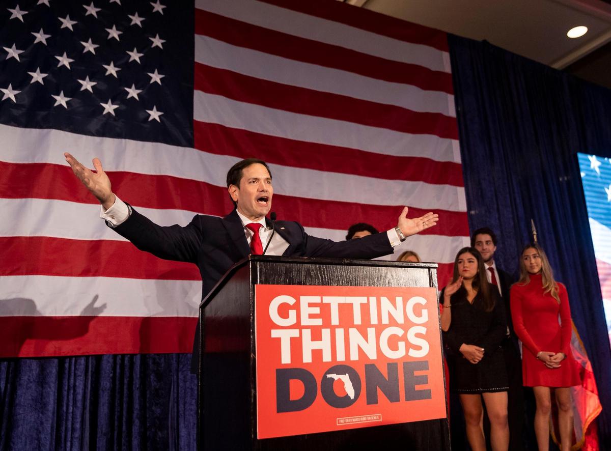 U.S. Sen. Marco Rubio, R-Fla., who defeated U.S. Rep. Val Demings, D-Fla., in Florida’s Senate race, speaks to a crowd of supporters during an election party at the Hilton Miami Airport Blue Lagoon on Tuesday, Nov. 8, 2022, in Miami.