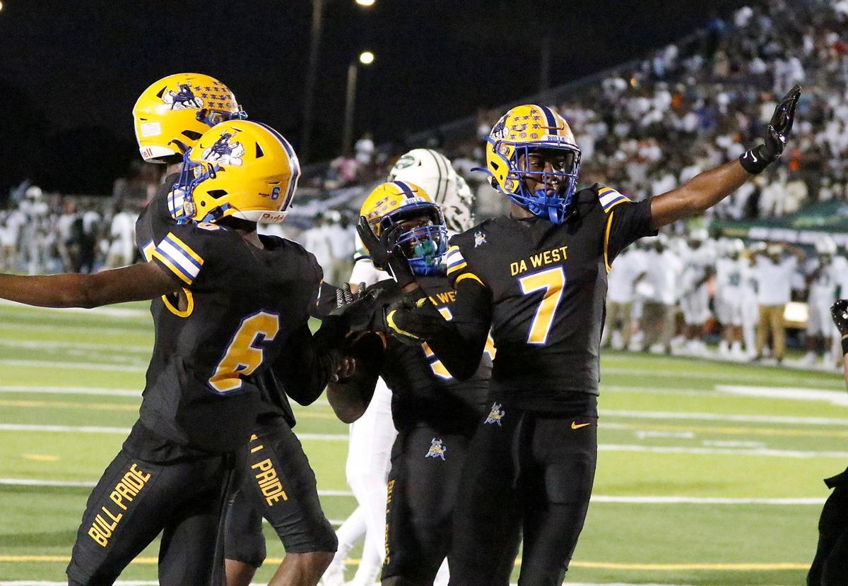 Northwestern Bulls wide receiver Nicsaint Joesph Jr. (7) celebrates a touchdown against Miami Central Rockets during their football game on Friday, October 4, 2024 at Traz Powell Stadium in Miami.