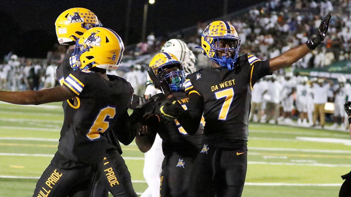 Northwestern Bulls wide receiver Nicsaint Joesph Jr. (7) celebrates a touchdown against Miami Central Rockets during their football game on Friday, October 4, 2024 at Traz Powell Stadium in Miami.