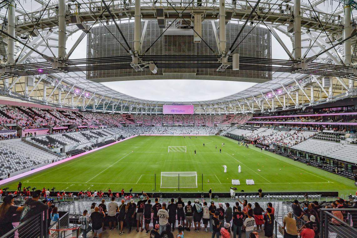 Fans are seen inside the new 26,700-seat Nu Stadium at Miami Freedom Park on Thursday, April 2, 2026, in Miami.