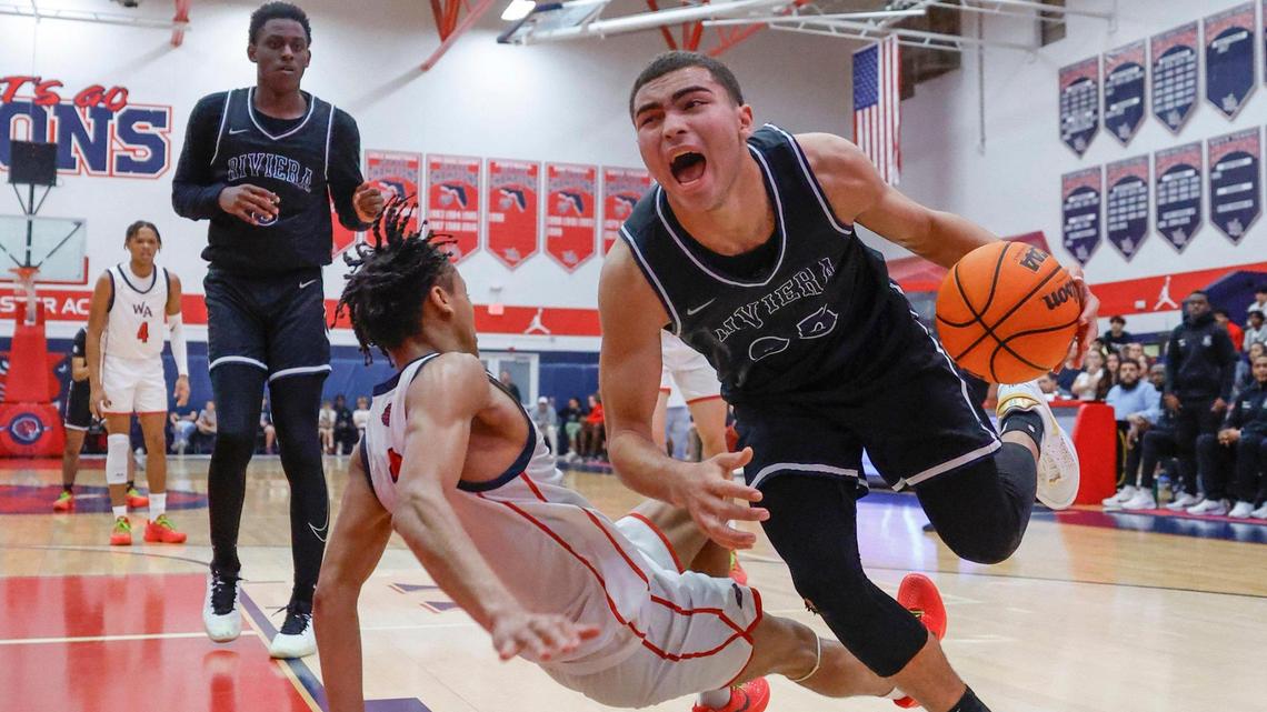 Riviera Prep guard Dante Allen (35) drives the ball as Westminster Academy guard Ethan Bertrand (2) defends during the boys’ basketball Region 4-3A final at Westminster Academy School in Fort Lauderdale, on Friday, February 23, 2024.