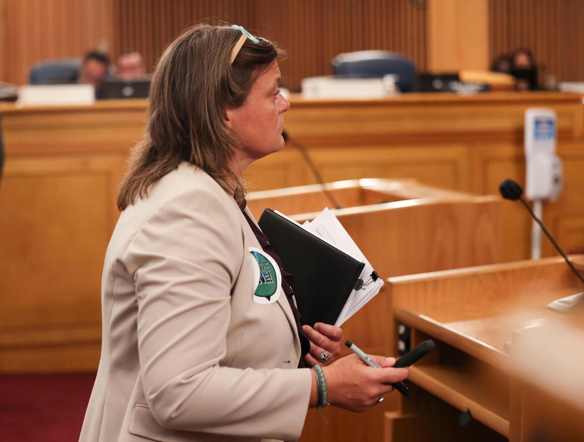 Laura Reynolds, a leader of Hold the Line Coalition, speaks before the Miami-Dade County Commission ahead of what was supposed to be the final vote for expanding the Urban Development Boundary May 19, 2022 at the Stephen P Clark Center in Miami. Developers won multiple delays on a final decision before winning enough support for commission approval.