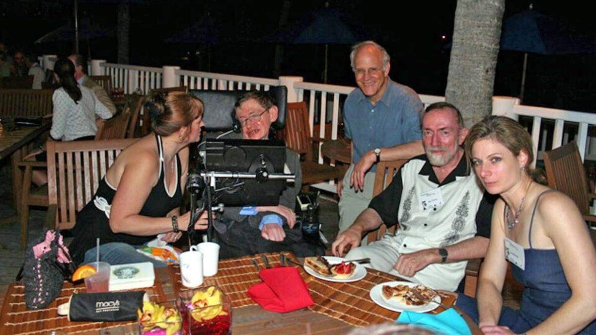 Stephen Hawking, center, during an event arranged by Jeffrey Epstein on the financier’s private island in 2006.