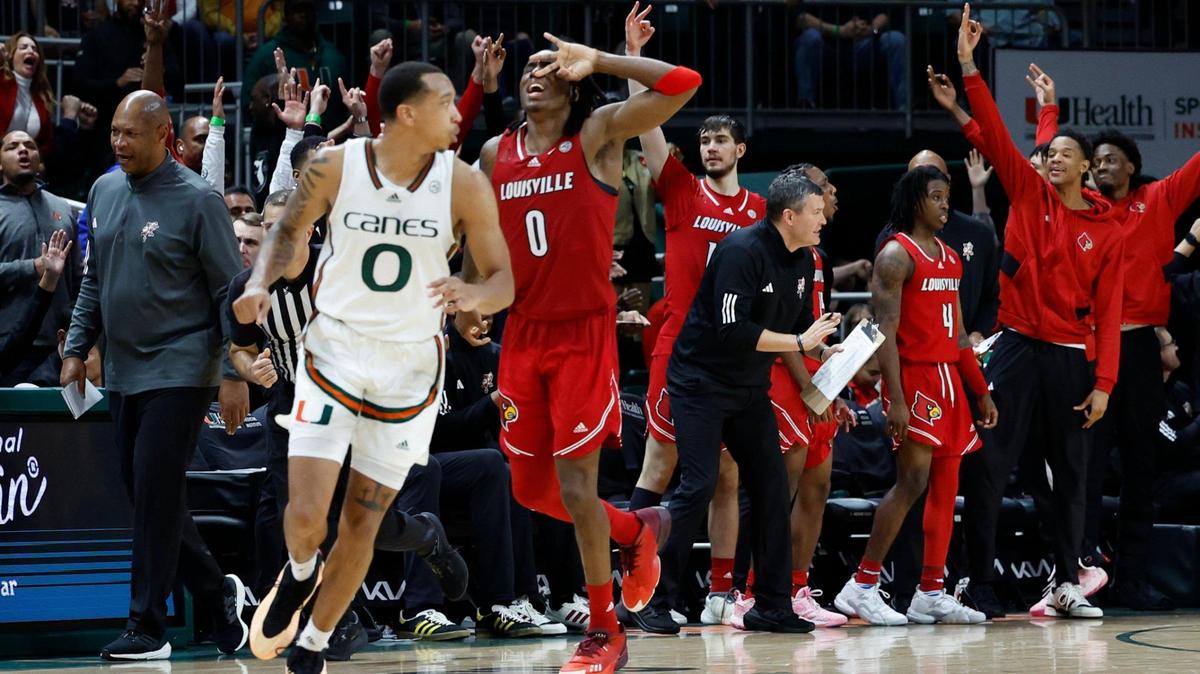 Louisville Cardinals guard Mike James (0) at teammates after sinking a three-pointer against the Miami Hurricanes in the second half at the Watsco Center in Coral Gables, Florida, on Wednesday, January 10, 2024.