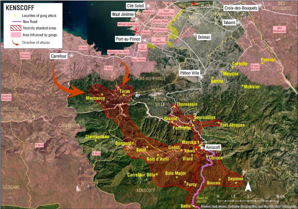 Localities of Kenscoff affected by gang attacks, from 27 January to 27 March 2025, according to the United Nations.