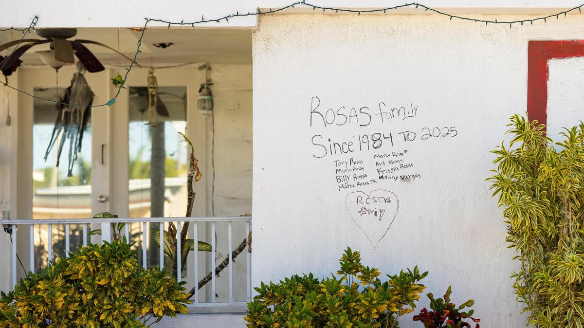 A message is written on the wall of a home in the Li’l Abner Mobile Home Park on Friday, March 7, 2025, in Sweetwater, Florida. Residents were evicted to make way for a multifamily housing development.