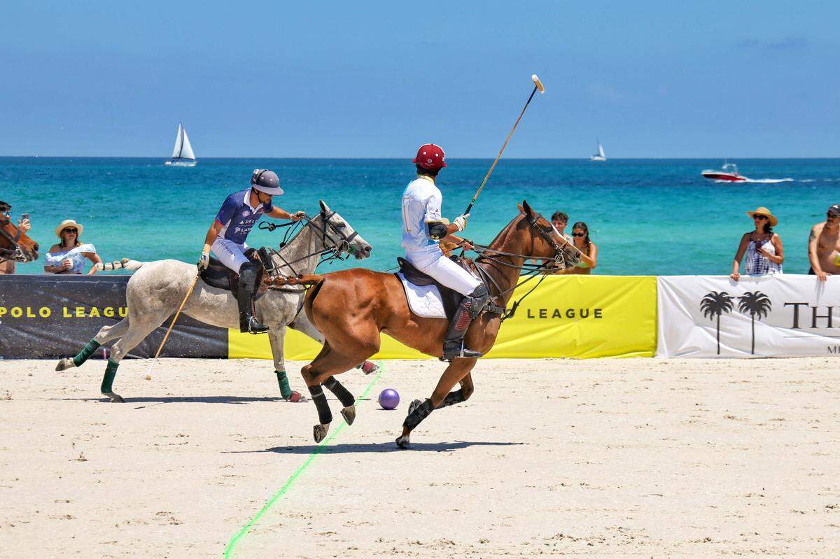 Polo players take their skills to South Beach as horses gallop in the sand and enthusiasts cheer on their team. Teams “Delta” and “The Perigon” battle for 5th and 6th place in the first game of three during World Polo League season finale on Sunday, April 23, 2023 in Miami Beach, Florida.
