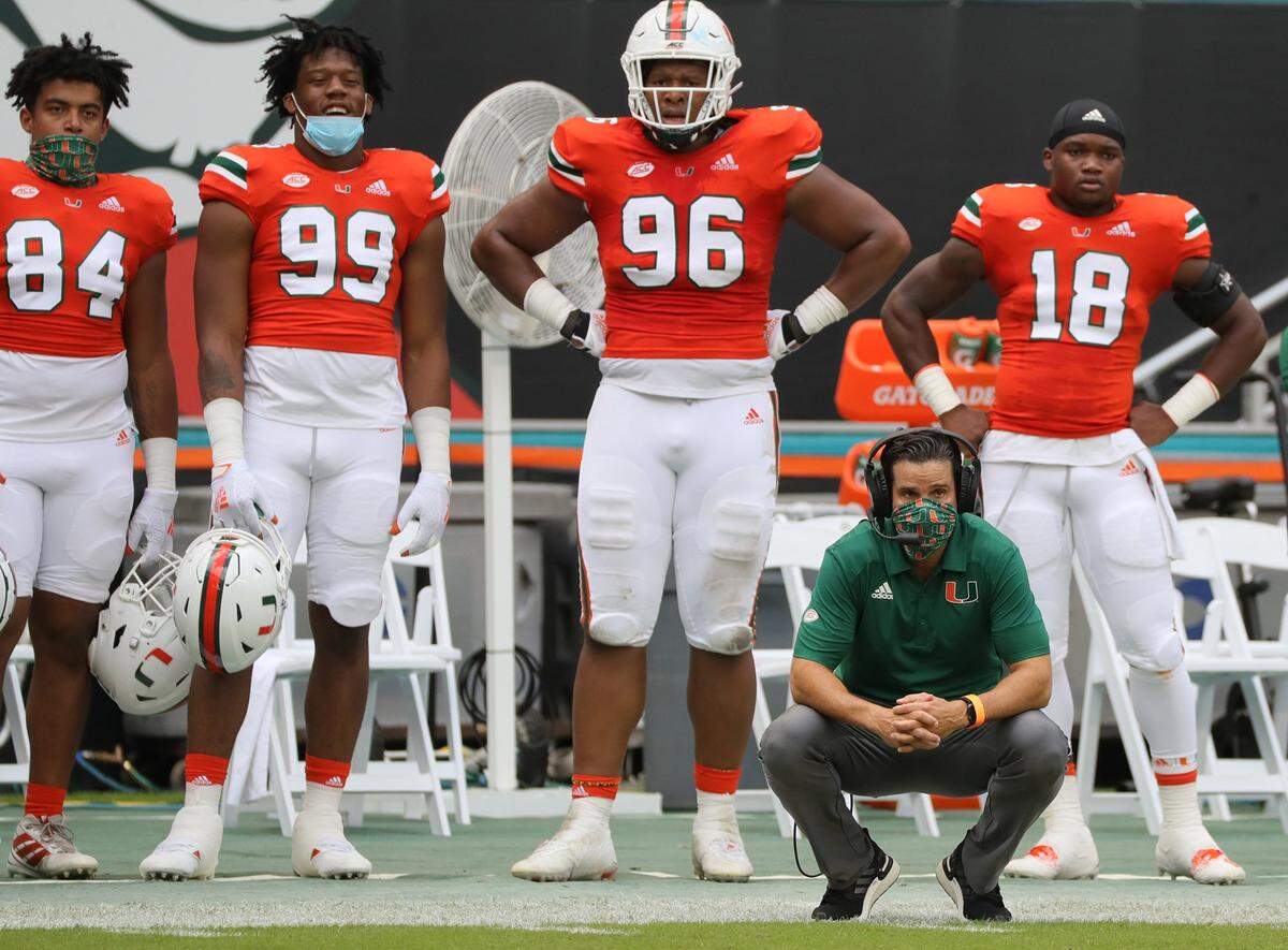 Miami Hurricanes coach Manny Diaz in the second quarter as they play the Pittsburg Panthers at Hard Rock Stadium in Miami Gardens, Florida, Saturday, October 17, 2020.