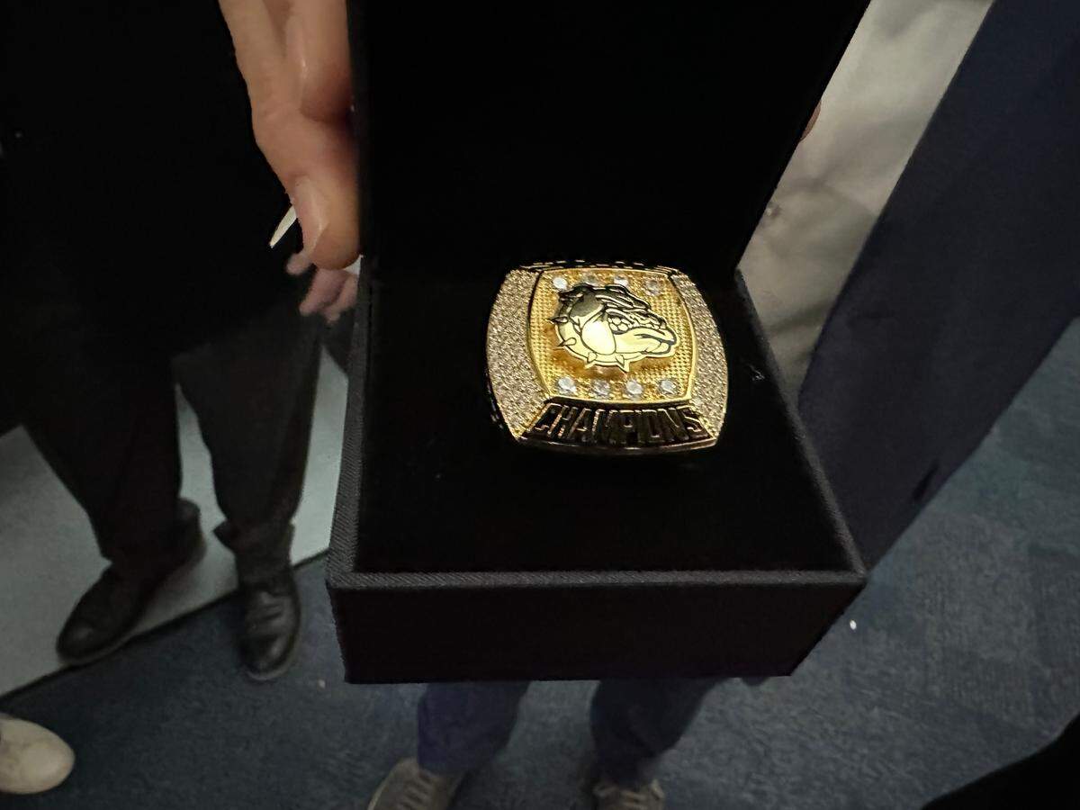 Braddock’s boys’ swimmers were each presented with a state championship ring (pictured) at a ceremony at the school on Friday in recognition of the team winning its first state title this past November.
