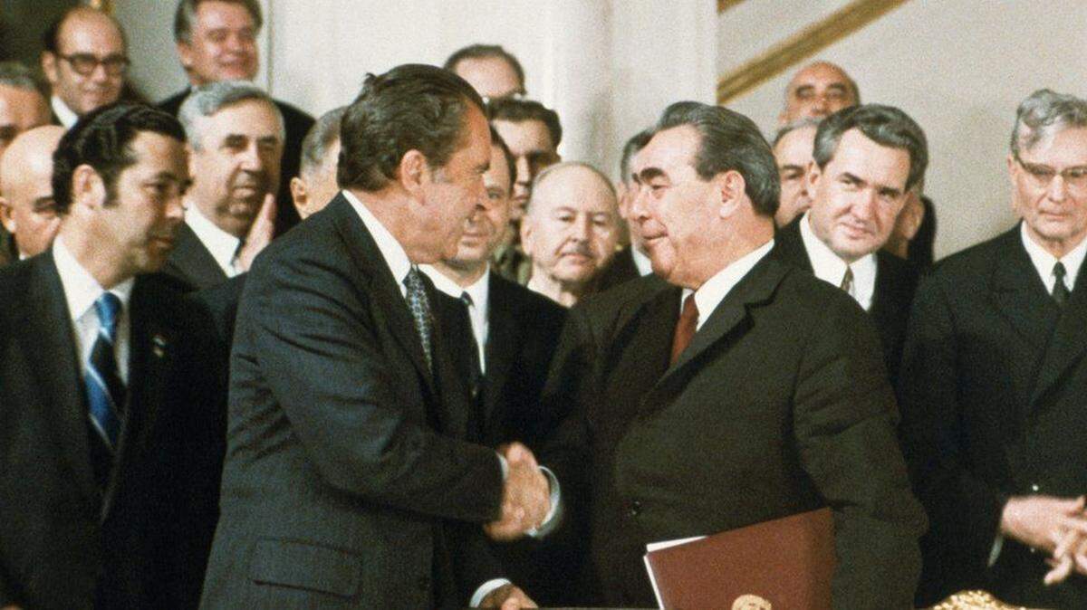 President Richard Nixon, left, with Soviet statesman Leonid Brezhnev after the signing of the SALT nuclear-arms-control treaty in May 1972.