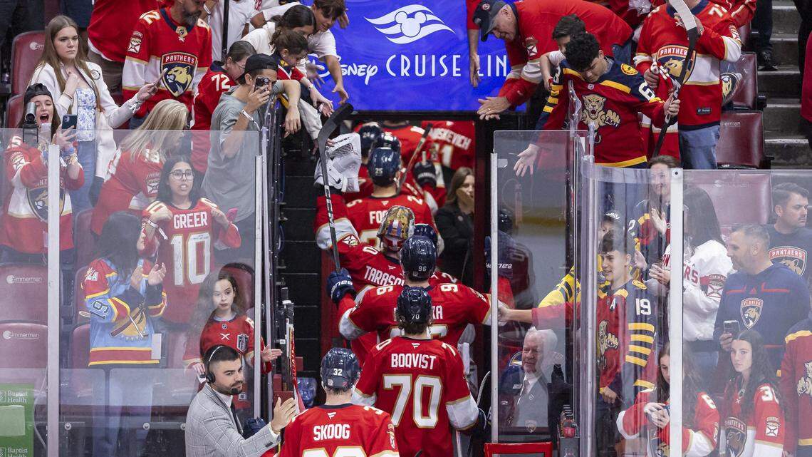 The Florida Panthers make their way back to the locker room after defeating the Detroit Red Wings in their NHL game at the Amerant Bank Arena on Wednesday, April 15, 2026, in Sunrise, Fla.