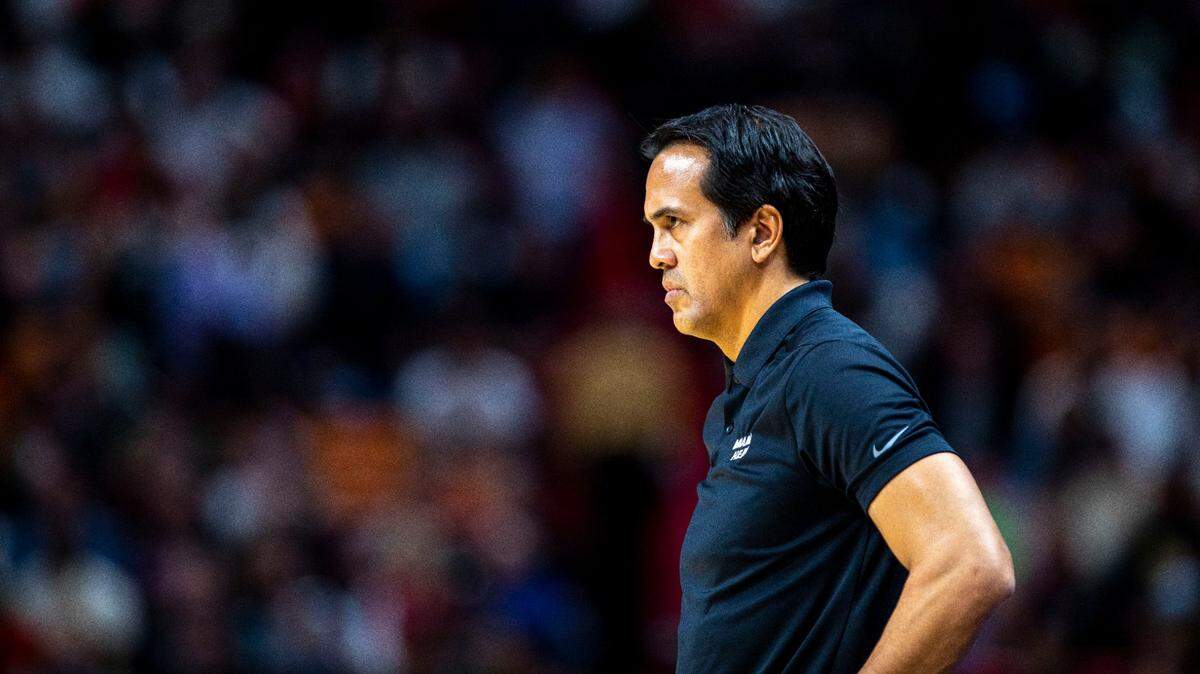 Miami Heat coach Erik Spoelstra watches on as his team faces the Brooklyn Nets during an NBA game at FTX Arena in Miami on Saturday, February 12, 2022.