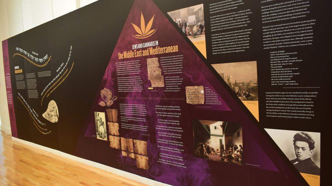 A view of the wall text and images from the exhibition “Kosher Kush” at the Jewish Museum of Florida-FIU, which is on view through Sunday, April 20, 2025.