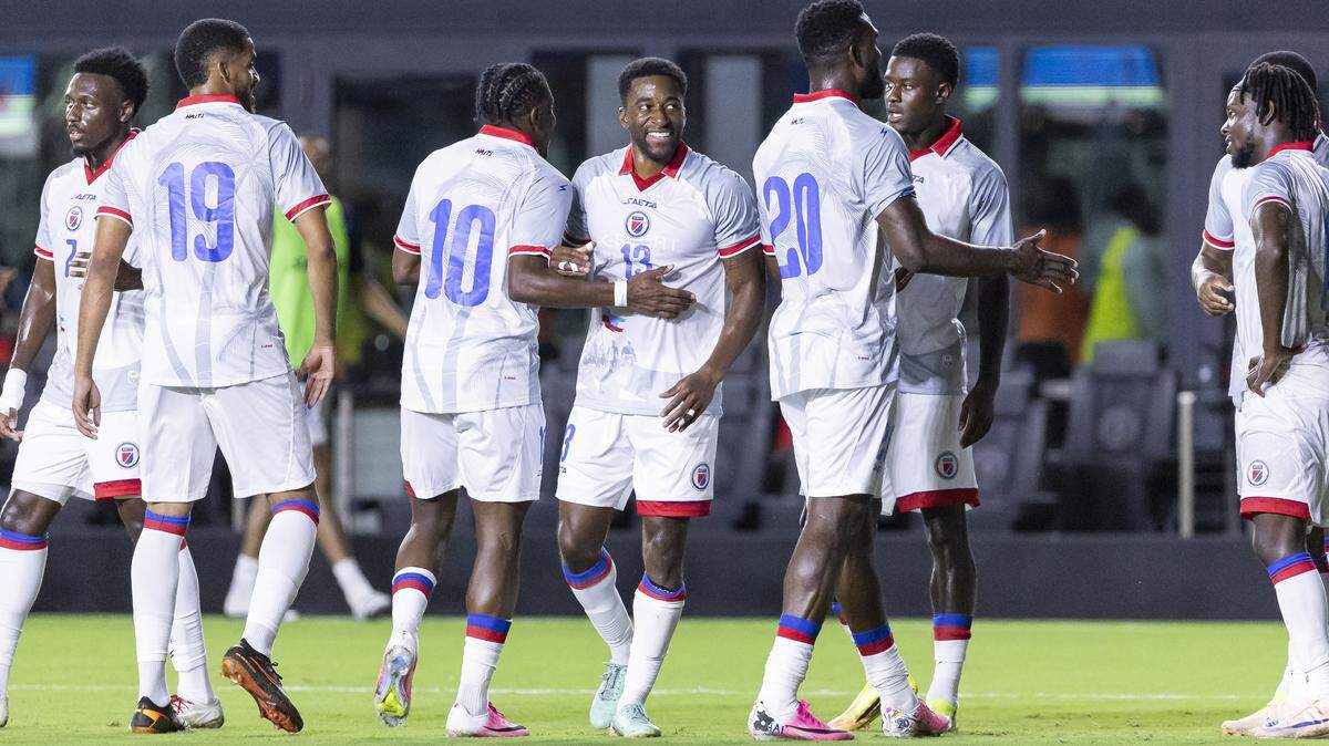 Haitian players celebrate during the first half of their 4-0 friendly win over New Zealand at Inter Miami Stadium on Tuesday, June 2, 2026, in Fort Lauderdale, Fla.
