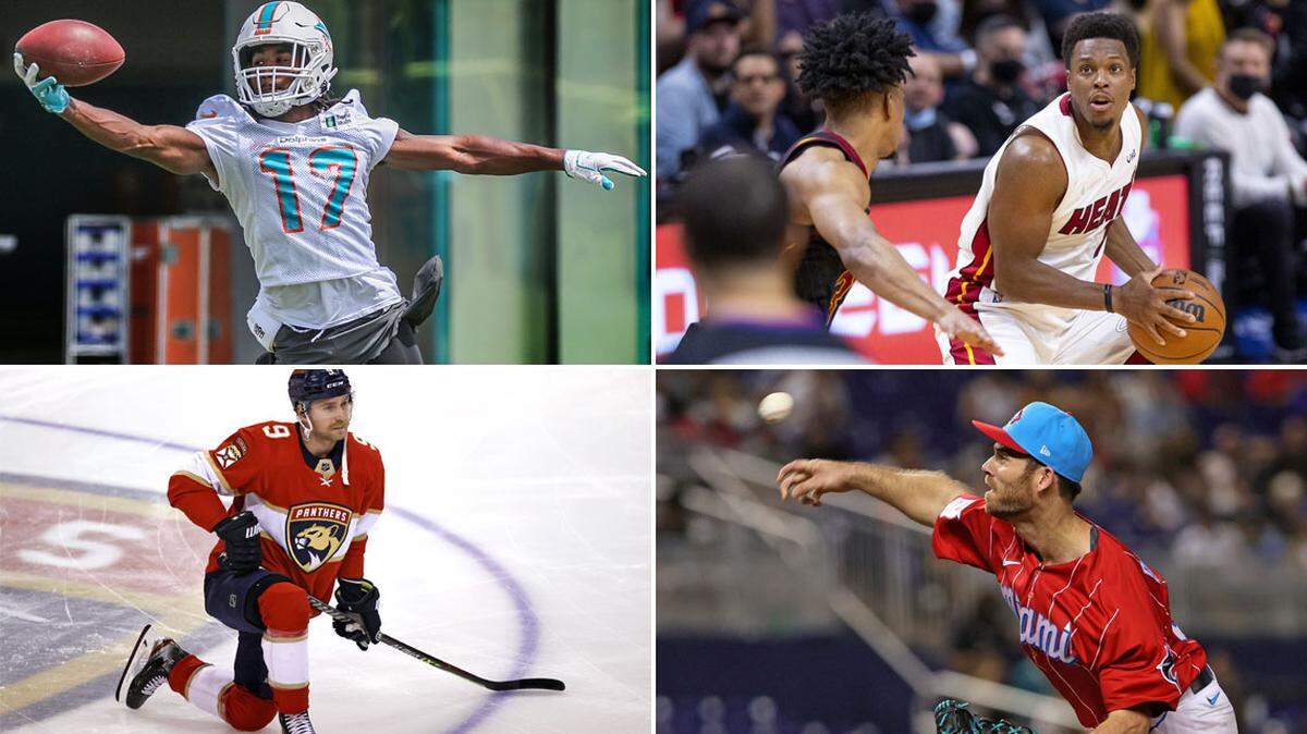 Dolphins receiver Jaylen Waddle (clockwise from top left), Miami Heat free agent signee Kyle Lowry, Miami Marlins pitcher Anthony Bender, Florida Panthers center Sam Bennett.