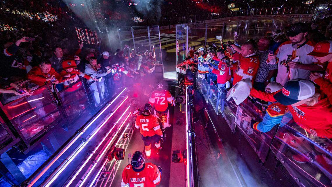 Florida Panthers take to the ice for the start of Game 3 osf the Stanley Cup Finals at Amerant Bank Arena on Monday, June 9, 2025, in Sunrise, Fla.