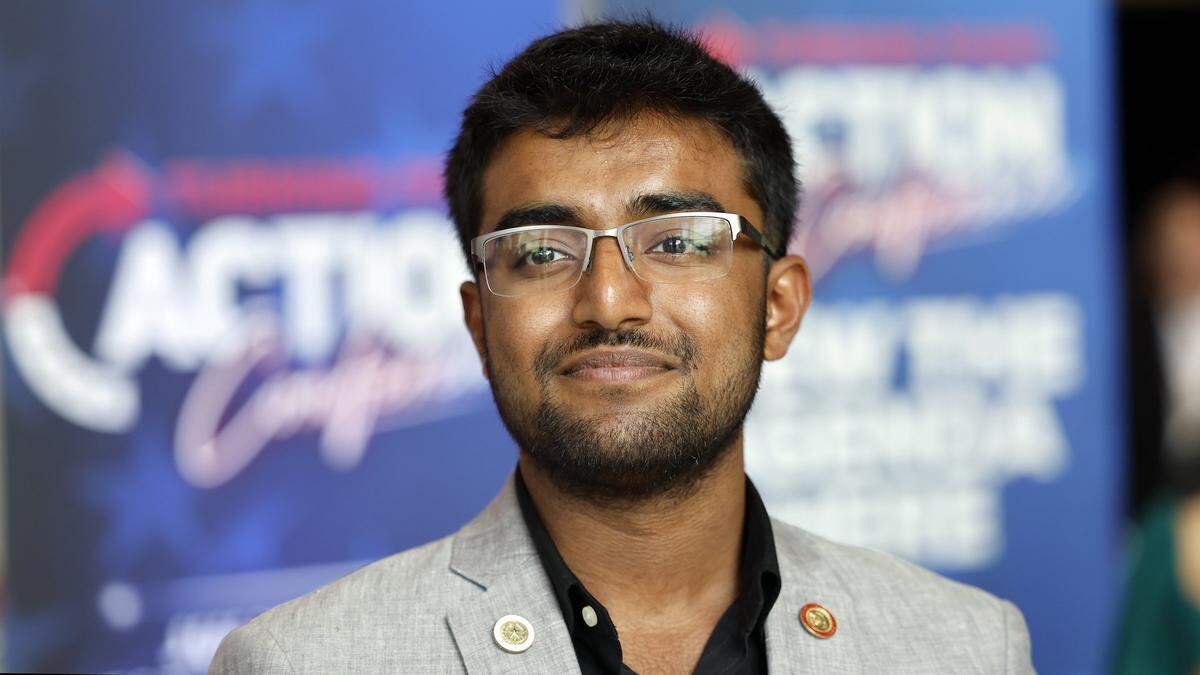 Bharat Nair, 21, attends the Turning Point Action Conference at the Palm Beach County Convention Center in West Palm Beach, Florida, on Saturday, July 15, 2023.