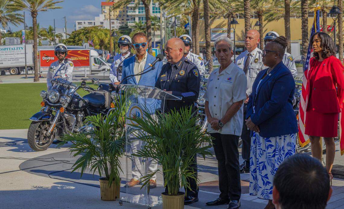 City of Fort Lauderdale elected officials including Mayor Dean J. Trantalis and Chief of Police William C. Schultz, on the podium, took time speaking during a press conference to talk about the city plans ahead of the spring break 2026, on Friday February 20, 2026.