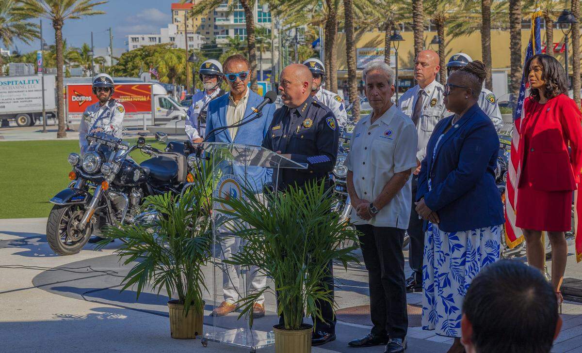 City of Fort Lauderdale elected officials including Mayor Dean J. Trantalis and Chief of Police William C. Schultz, on the podium, took time speaking during a press conference to talk about the city plans ahead of the spring break 2026, on Friday February 20, 2026.