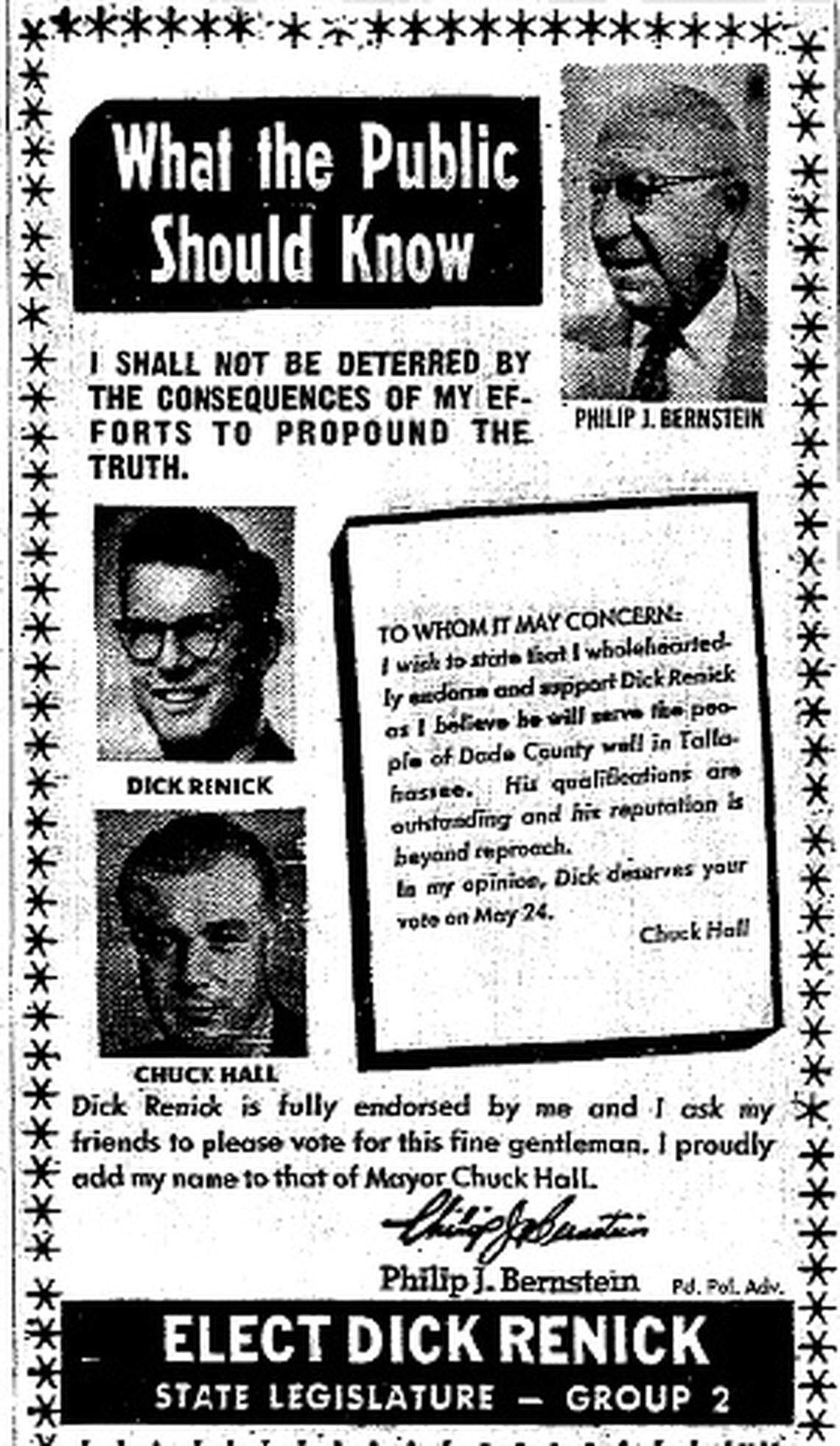 An ad that ran in the Miami Herald on May 22, 1966 touting Dick Renick for a state legislature seat, a seat he won and served until 1972.