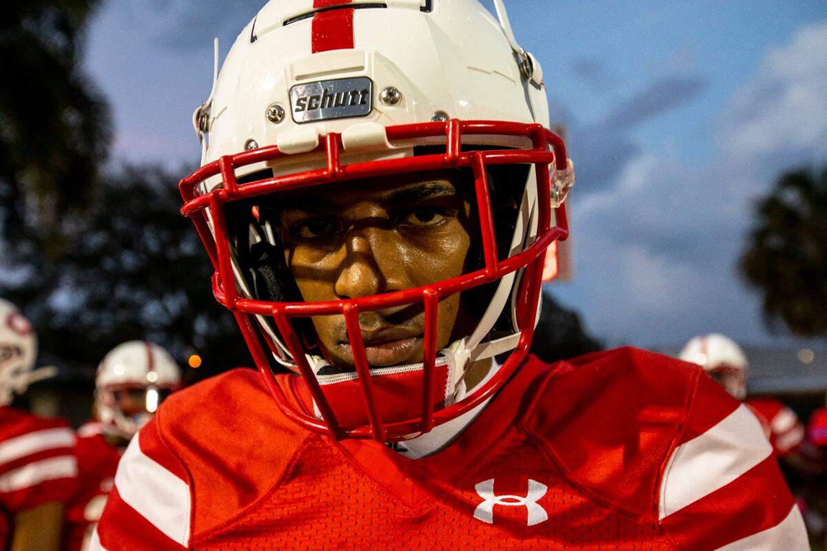 Plantation High School wide receiver Jacolby George (1) before a high school football game against Western High at PAL Football Stadium Complex in Plantation, Florida, on Friday, October 30, 2020.
