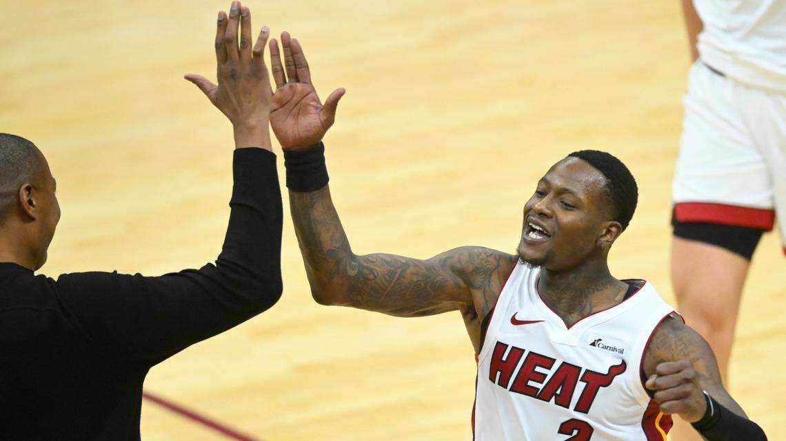Miami Heat guard Terry Rozier (2) celebrates his three-point basket in the fourth quarter against the Cleveland Cavaliers at Rocket Mortgage FieldHouse.