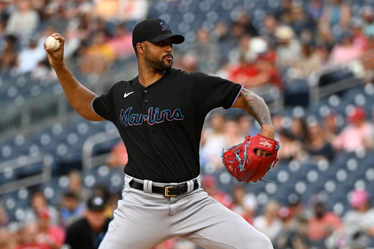 Jun 16, 2023; Washington, District of Columbia, USA; Miami Marlins starting pitcher Sandy Alcantara (22) throws to the Washington Nationals during the first inning at Nationals Park. Mandatory Credit: Brad Mills-USA TODAY Sports