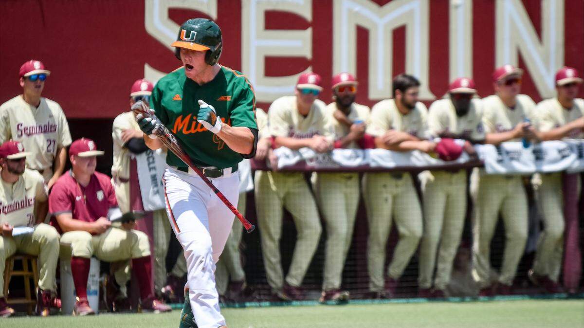 UM right fielder Zach Levenson doubled home a run against FSU on Sunday, May 15, 2022.