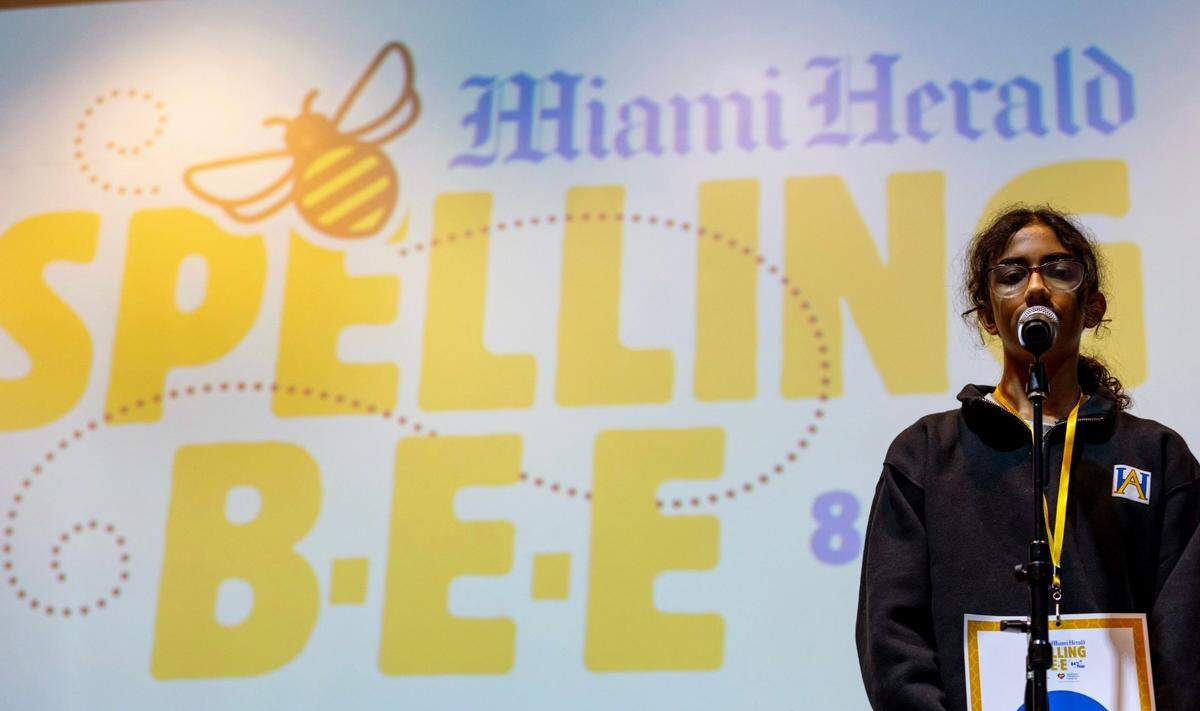 Anvita Narasimhan from American Heritage School spells a word during the 8th round of the Miami Herald Broward County Spelling Bee at NSU Art Museum in Fort Lauderdale, Florida on Thursday, March 7, 2024.