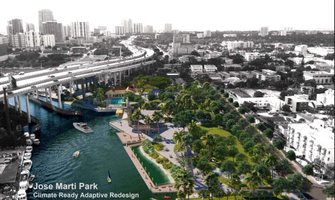 The city of Miami plans to redevelop Jose Marti Park in Little Havana to better withstand sea level rise, including a living shoreline of mangroves with a floating boardwalk around them to maintain the view. This is an outdated rendering of the project, which no longer includes the viewing tower by the river. The city of Miami declined to make newer renderings available to the Miami Herald.