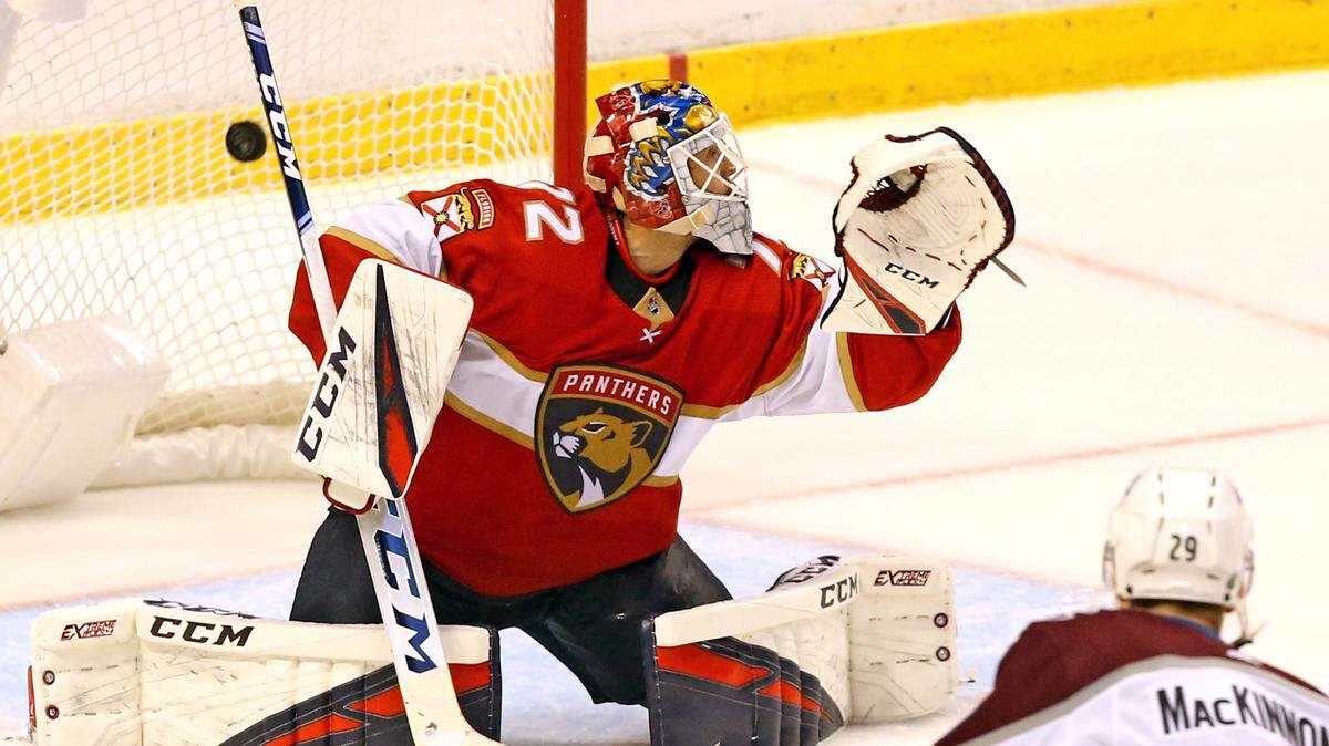 Florida Panthers goalie Sergei Bobrovsky (72) misses the puck as the Colorado Avalanche score in overtime to defeat the Cats at the BB&T Center in Sunrise, Florida, Friday, October, 18, 2019.