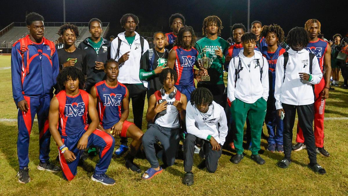 Miramar High and Flanagan High boys teams tie for first in the 2024 BCAA Track and Field Championship at Dillard High School in Fort Lauderdale, Florida on Friday, April 5, 2024.