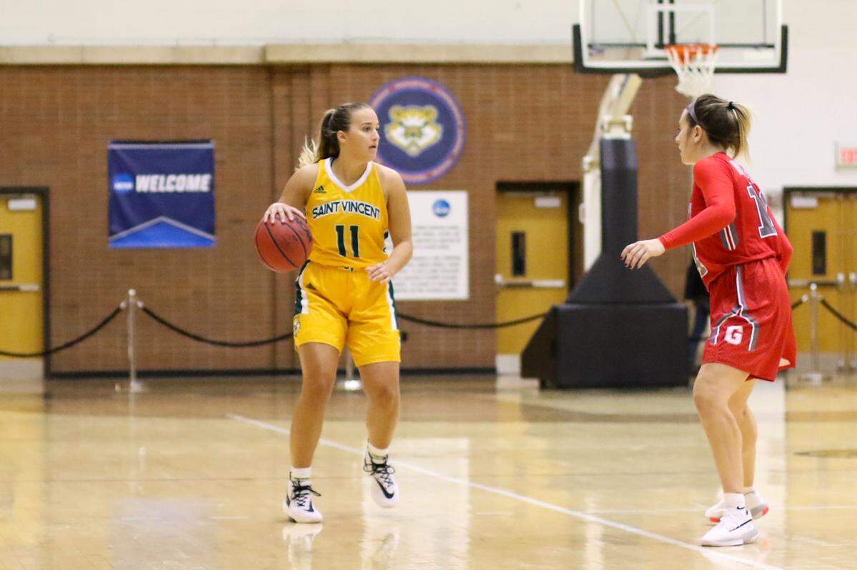 Kayla Slovenec playing for St. Vincent’s College in Latrobe, Pennsylvania, on Dec. 4, 2019, in a game against Washington & Jefferson College. She started 87 out of the 112 games she played during her four-year career at Saint Vincent.