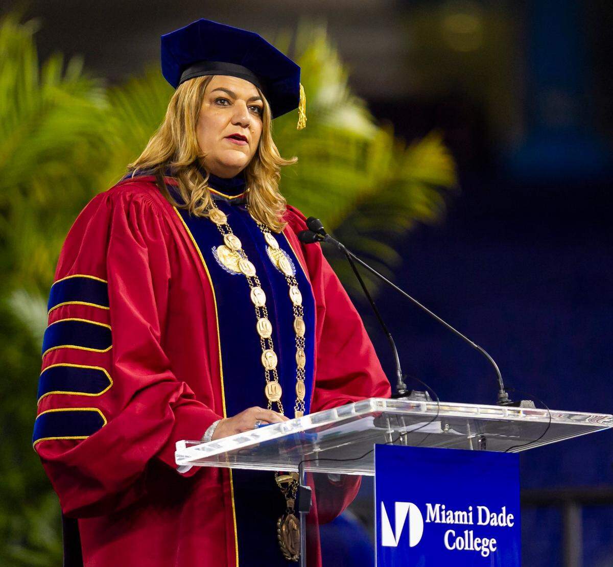Miami Dade College President Madeline Pumariega speaks during a MDC graduation ceremony at loanDepot Park in Miami on May 1, 2021.