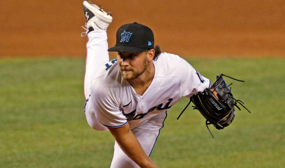 Miami Marlins pitcher Nick Neidert (59) pitches against the Red Sox during the ninth inning of a baseball game at Marlins Park in Miami on Thursday, September 17, 2020.